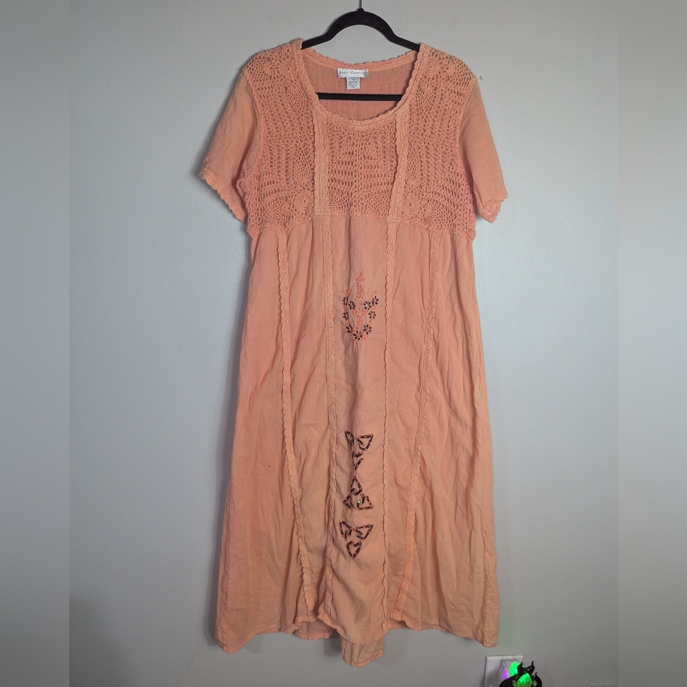 1X Anna Maxwell Vintage Peach Crochet Embroidered Maxi Dress